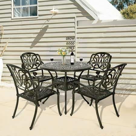 W WARMHOL 5-Piece Outdoor Patio Dining Set, All-Weather Cast Aluminum Patio Furniture Set for Backyard Garden Deck with 4 Chairs and 35.4” Round Table, 2.2" Umbrella Hole