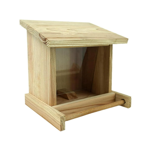 Comedero de madera para pájaros, estación de alimentación para pájaros, ventana transparente con techo abatible para pájaros pequeños, guacamayos