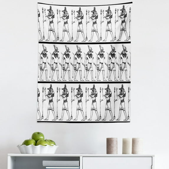 Egyptian Tapestry, Hieroglyphics with Anubis Traditional Cultural Mummy After Life Art, Fabric Wall Hanging Decor for Bedroom Living Room Dorm, 5 Sizes, Black White, by Ambesonne