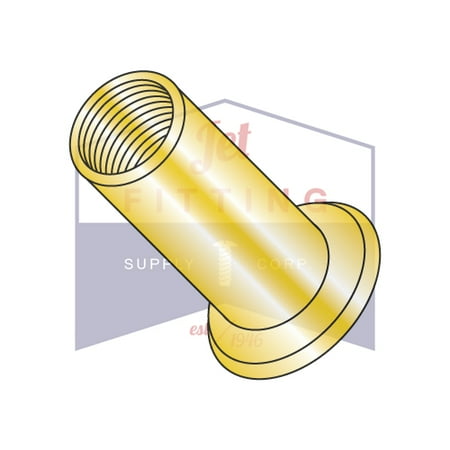 

10-24 Large Flange Blind Threaded Inserts Flat Head Non-Ribbed Open End 1008-1010 Low Carbon Steel Zinc Yellow Dichromate Plating (Quantity: 1000) Full Size: 10-24-.130