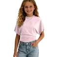 thumbnail image 4 of REDARER Girls Crew Neck Batwing Sleeve T-Shirt Solid Ruched Waist Casual Summer Stretchy Daily Top,7-8 Years, 4 of 7