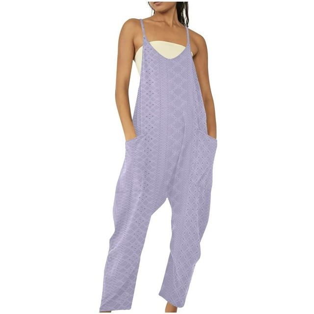 Timegard Womens Jumpsuit Scoop Neck Back Zipper Eyelet Rompers Baggy Long Overalls with Pockets Summer