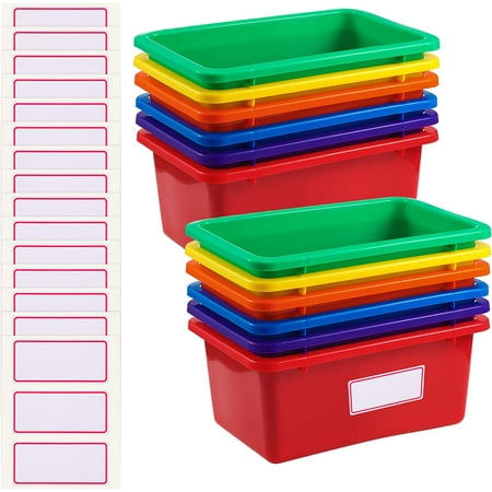 12 Pcs Plastic Cubby Storage Bins Classroom Cubby Organization Storage Containers with 1 Pack Self Adhesive Labels Bin for Office Library School Home(Rainbow Color)