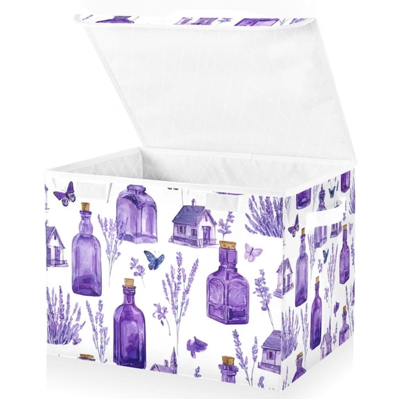 Foldable Fabric Storage Bin With Handle Collapsible Basket Box Storage With Lid Organizer Purple Glass Bottles