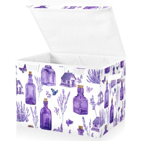 Foldable Fabric Storage Bin With Handle Collapsible Basket Box Storage With Lid Organizer Purple Glass Bottles