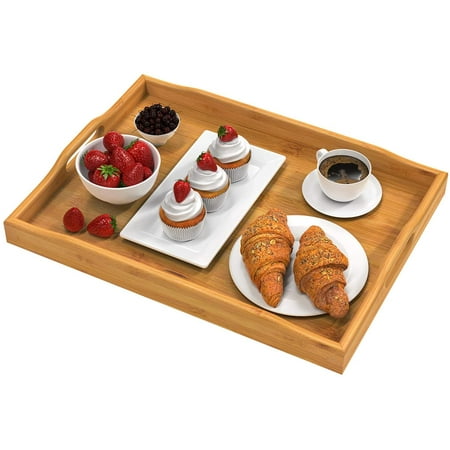 

Bamboo Serving Tray with Handles Rectangular Wooden Breakfast Tray Works for Eating Working Storing Used in Bedroom Kitchen Living Room Bathroom Hospital and Outdoors-13.78x8.66x1.57 inches