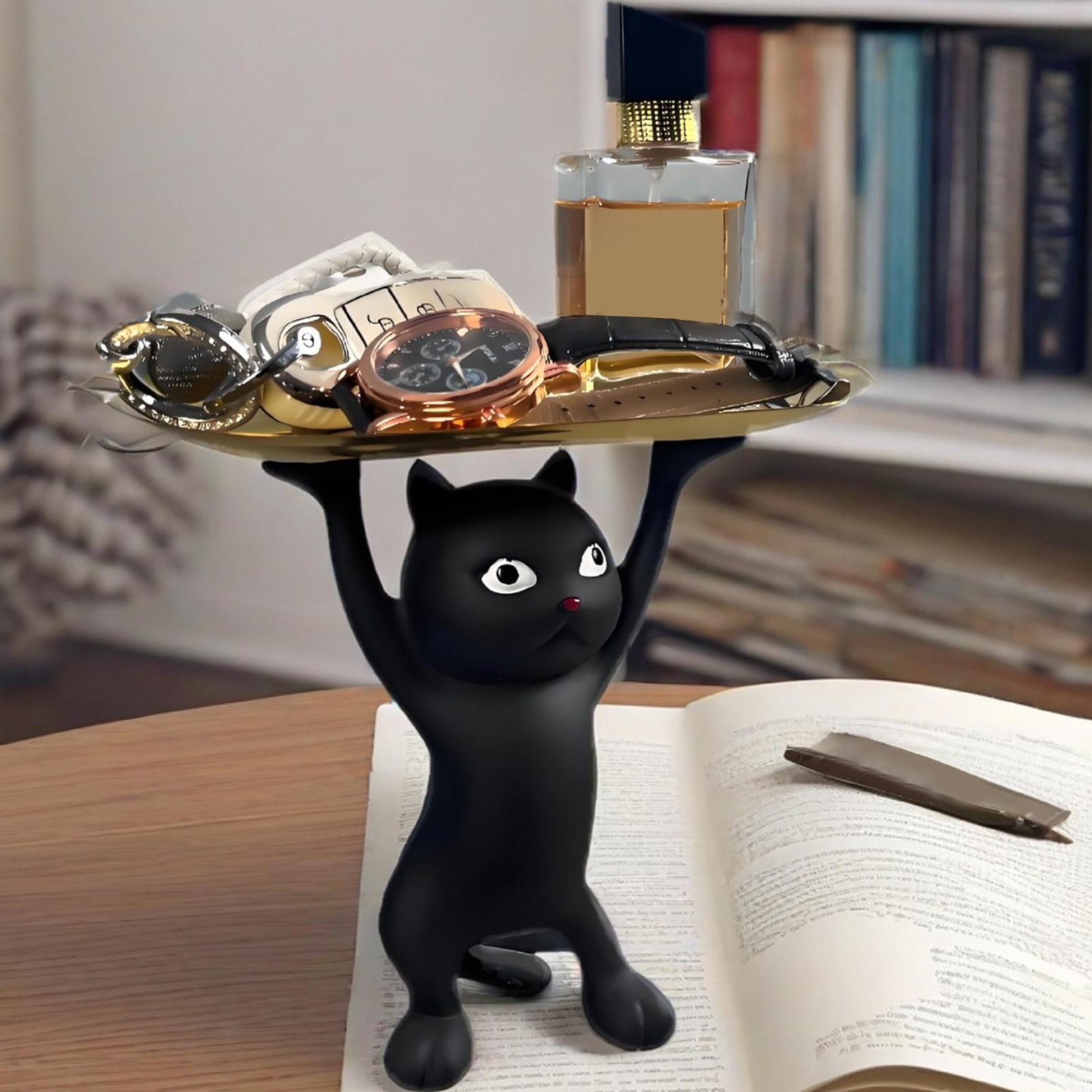 OIUR Cartoon Cat Key Storage Tray Resin Standing Cat Figurine Statue with Tray Multi-purpose Jewelry Trinket Holder Organizer Decoration