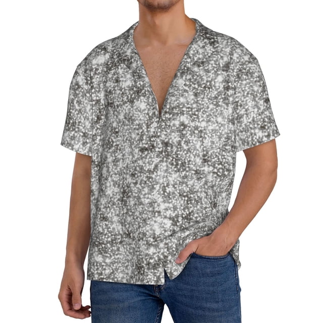 Fotbe Silver Glitter Camisa Estampada de Manga Corta para Hombre, Casual de Verano, Estilo Playero, Sin Arrugas-Small