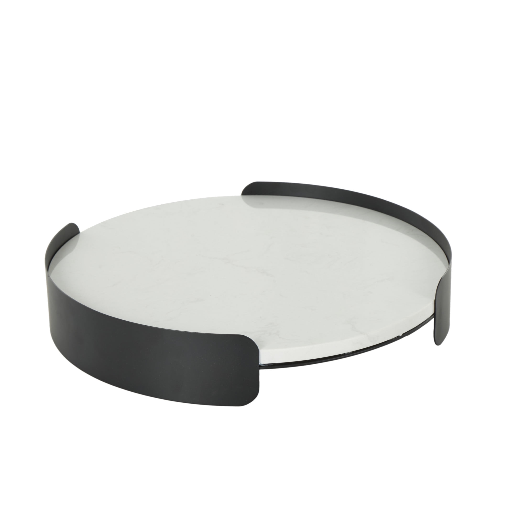 DecMode 16" x 16" White Marble Round Tray with Black Metal Frame, 1-Piece