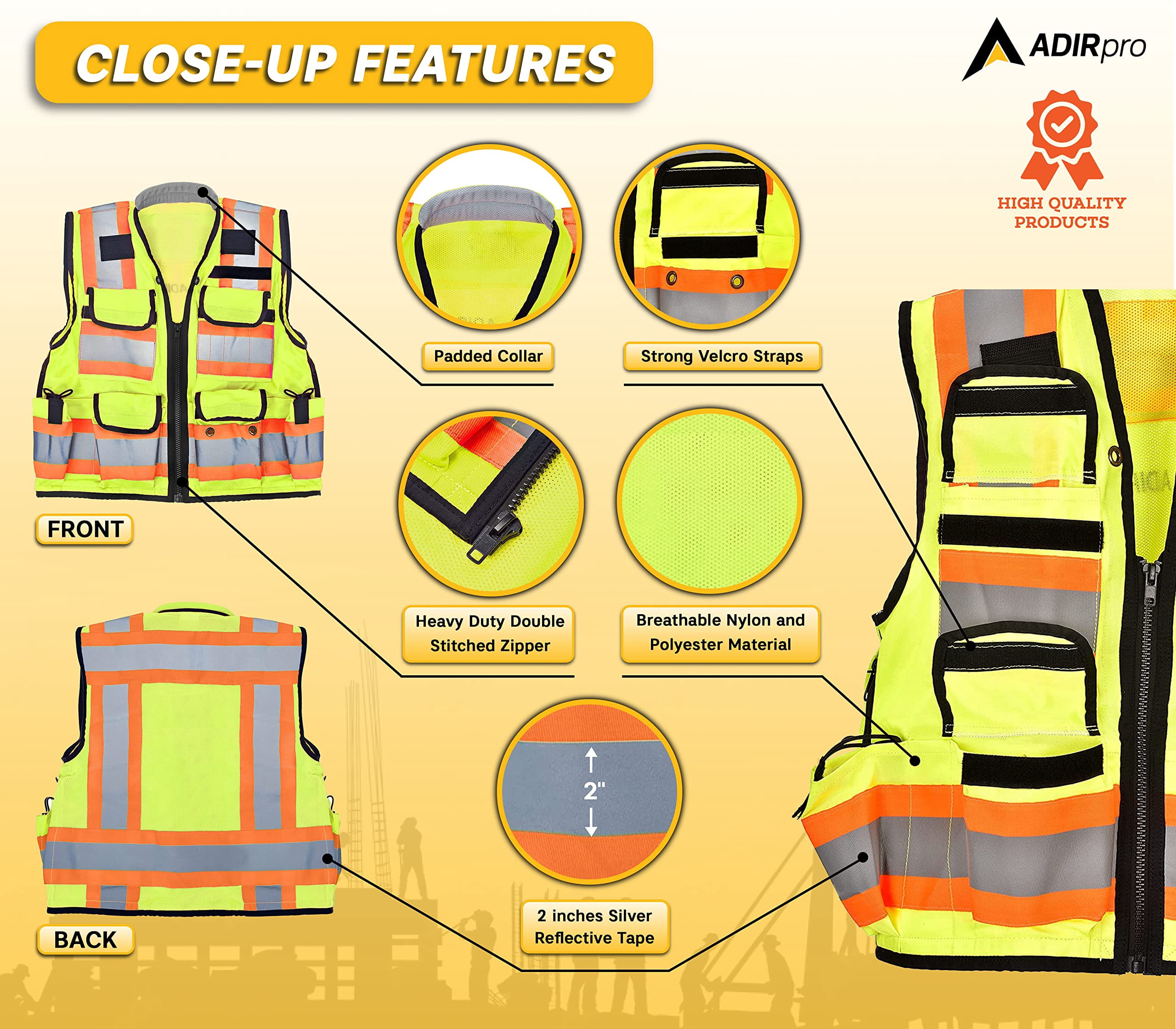 AdirPro Surveyor Safety Vest with Pockets - High visibility Reflective Construction Vest for Men - Class 2 Heavy Duty Vest ANSI Complaint for Contractors, Surveyors (Yellow, Medium)