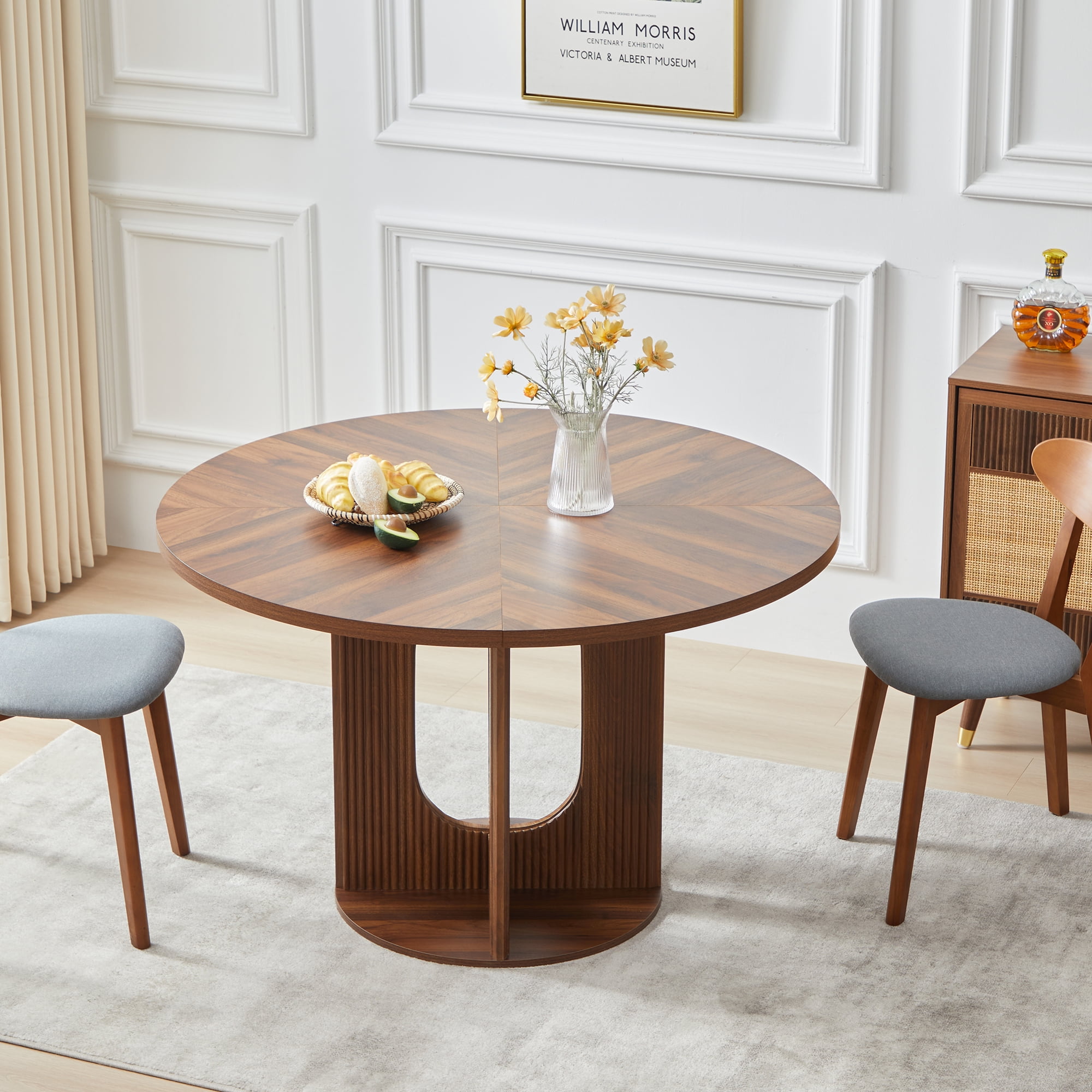 PHOYAL 47 inch Round Dining Table, Circle Kitchen Table for 4-6, Large Wood Dinner Table, Wooden Fluted Pedestal Dinning Table for Dining Room, Mid Century Modern Style, Walnut