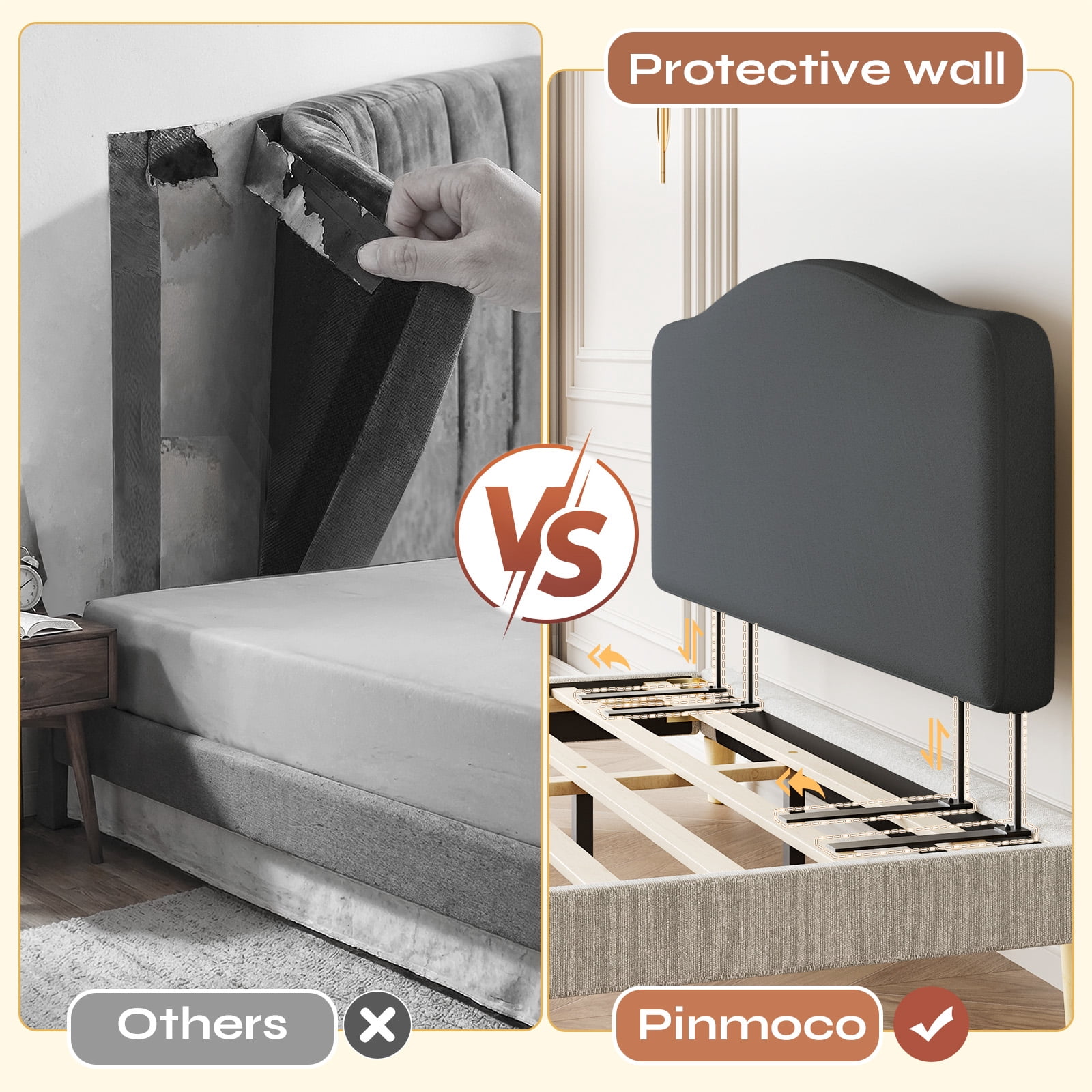 Pinmoco Upholstered Headboard for Full Bed, Height Adjustable and Memory Foam Arc-shaped Head Board, Gray