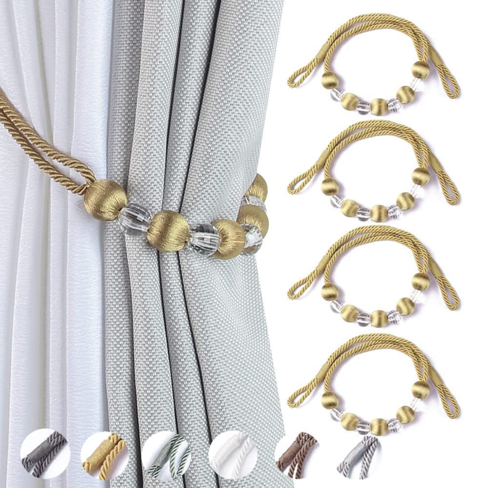 BEL AVENIR 4 Pack Curtain Tieback Crystal Beaded Holdbacks Rope Decorative (Gold)