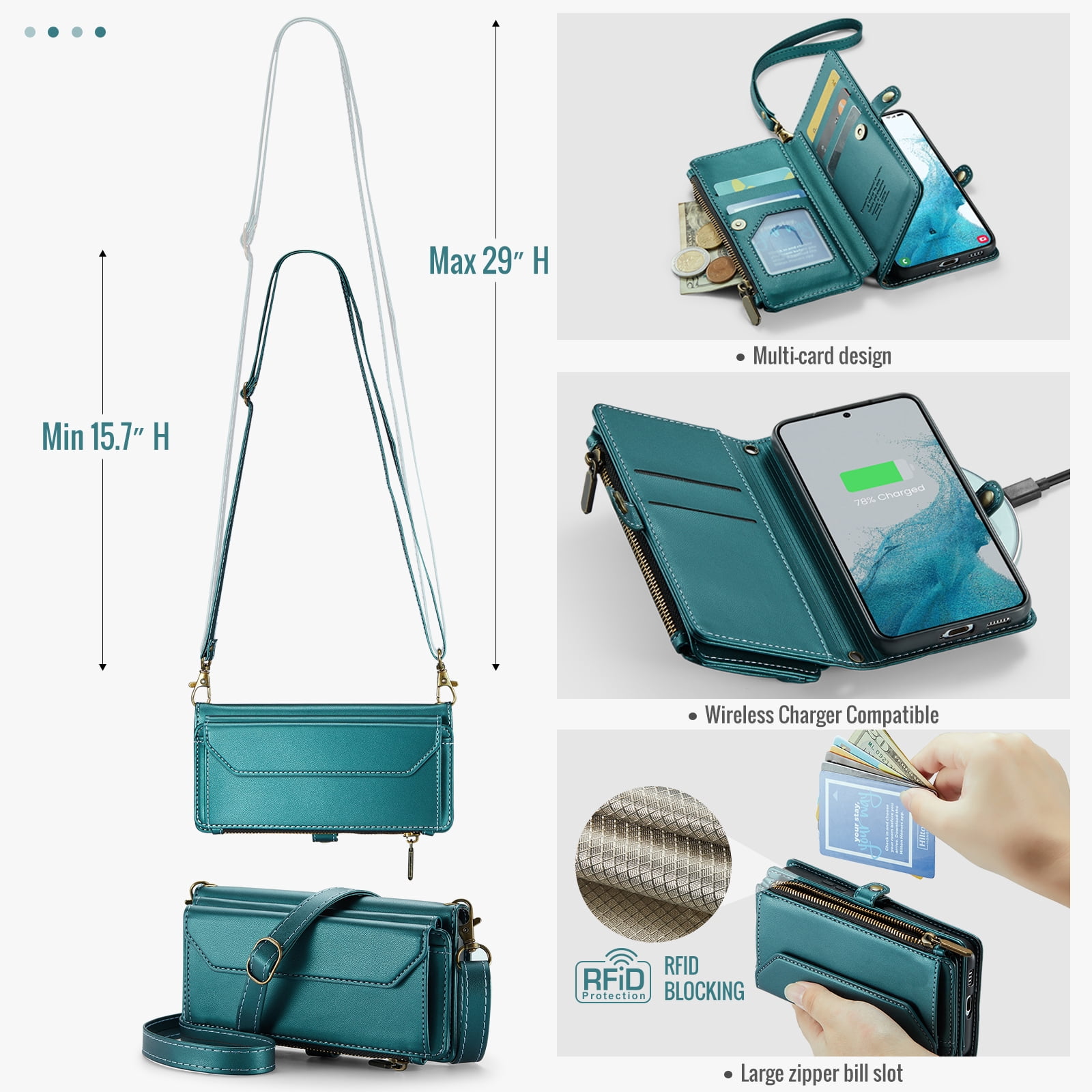 Asuwish Compatible with Samsung Galaxy S22 5G Zipper Wallet Phone Case Tempered Glass Screen Protector Crossbody Lanyard Strap Flip Card Holder Slot Cell Cover for S 22 22S 4G G5 6.1 Women Green