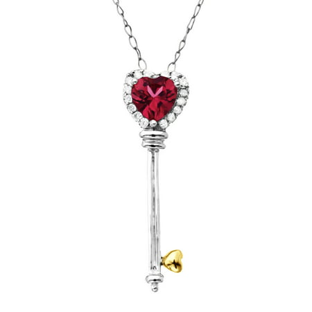 Duet 1/2 ct Natural Rhodolite Garnet Key Pendant Necklace with Diamonds in Sterling Silver & 14kt Gold