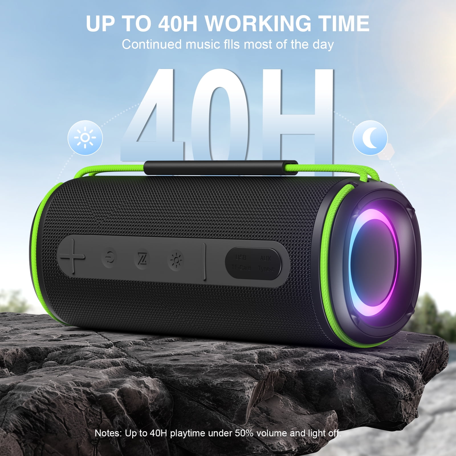 30W Portable BT Speaker, IPX6 Waterproof & Lights, 10H Playtime for Party