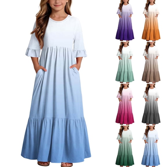ITSAME Girls A-Line Maxi Dress Flowy Ruffle 3/4 Sleeve Round Neck Gradient Print Summer Fashion Casual Dress Light Blue Size 10