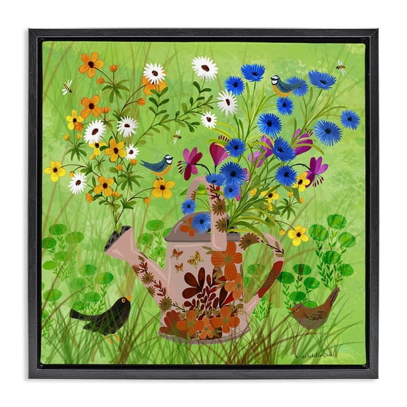 Stupell Industries Bright Gardening Can & Birds Floral Painting Black Floater Framed Canvas Art Print Wall Art, 18 x 18