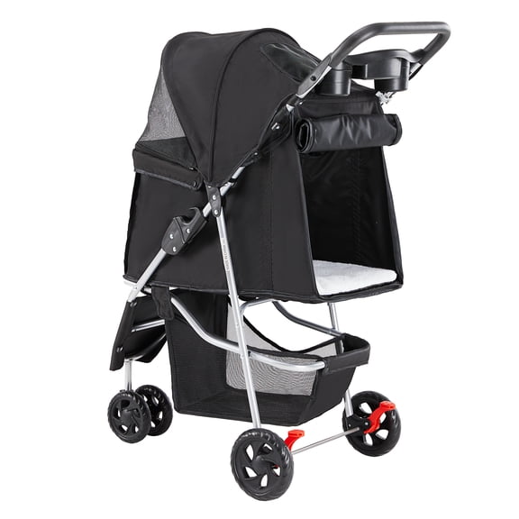 Pet Stroller for Small Medium Dogs Cats - 3-Wheel Foldable Cart with Storage Basket, Cup Holder & Safety Leash, Black