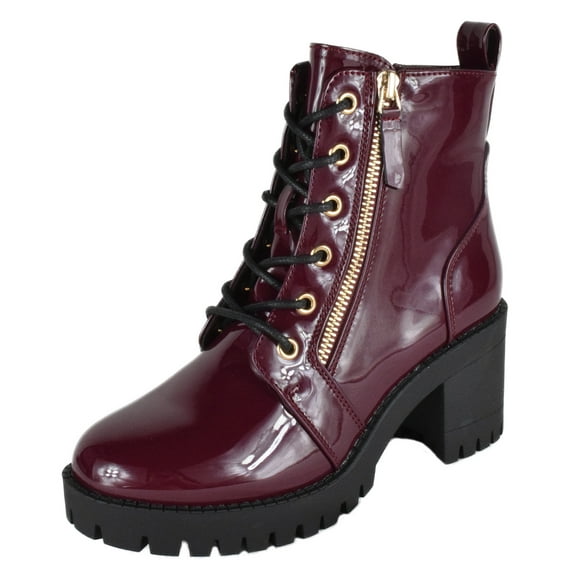 TOP MODA Women Chunky Thick High Heels Combat Lug Sole Ankle Boots Platform Lace Up Booties Side Zipper Bianca-90 Red Burgundy Wine Patent 8.5