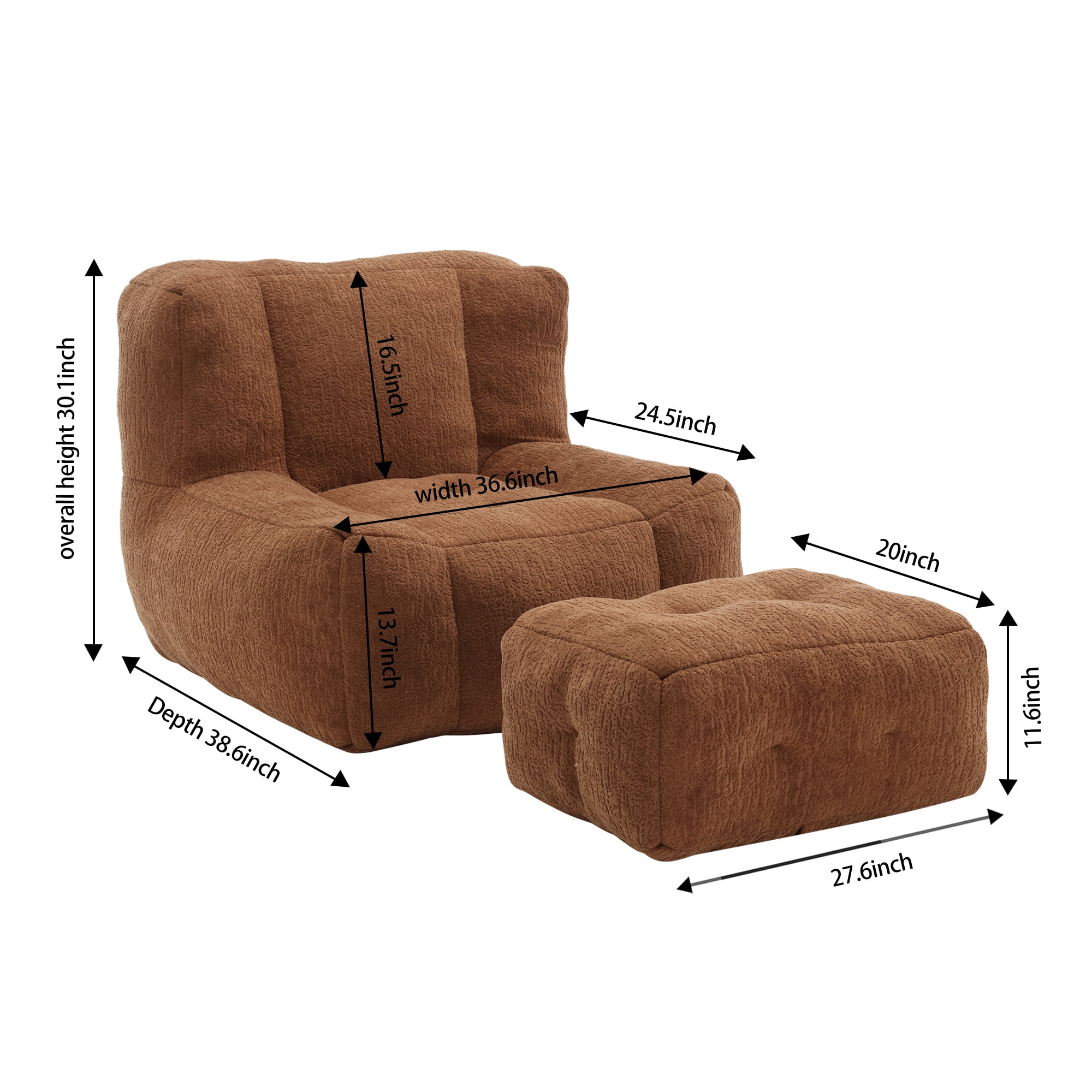 Accent Chair with Ottoman Set,Modern Velvet Bean Bag Chair for Adults and Childs,Upholstered Lazy Sofa Chair Armchair for Living room, Bedroom, Apartment,Brown