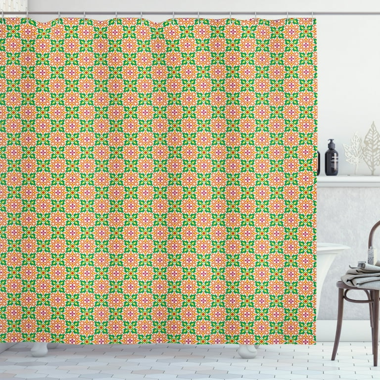 Italy Shower Curtain Mediterranean Style Art Image Ceramic Tile Pattern with Geometric Elements Fabric Bathroom Set with Hooks 69W X 75L Inches