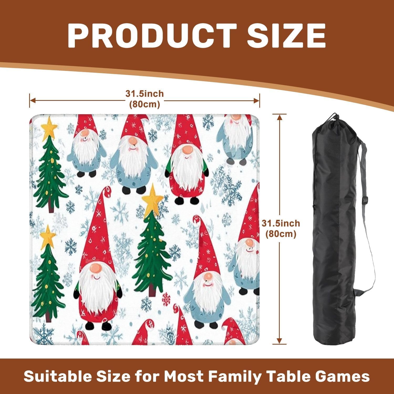 Mahjong Mat 31.5" x 31.5" Christmas Cute Gnomes Seamless Christmas Tree Star Head Snowflakes Non-Slip Noise Reduction Mahjong Tiles Table Cover for Dominoes Poker Card Board and Tile Games