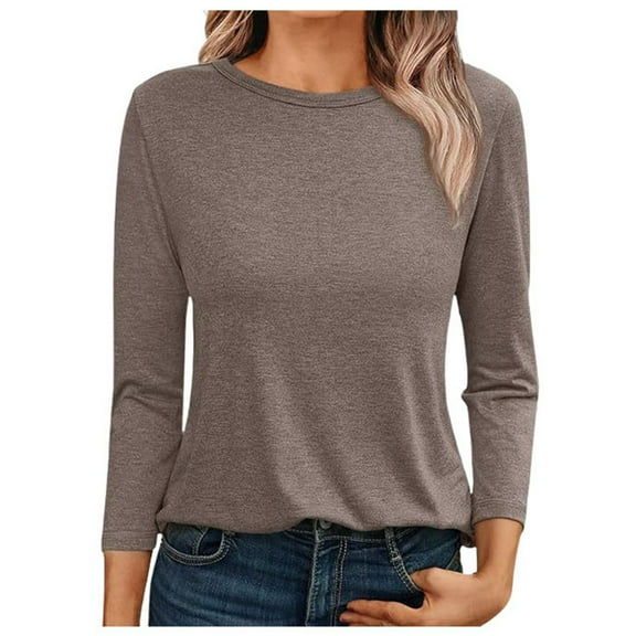 MIXUE Womens Summer Tops Solid Color Round Neck Long Sleeve Slim Fit Casual Shirts For Women T-shirts Sportwear,Brown,M