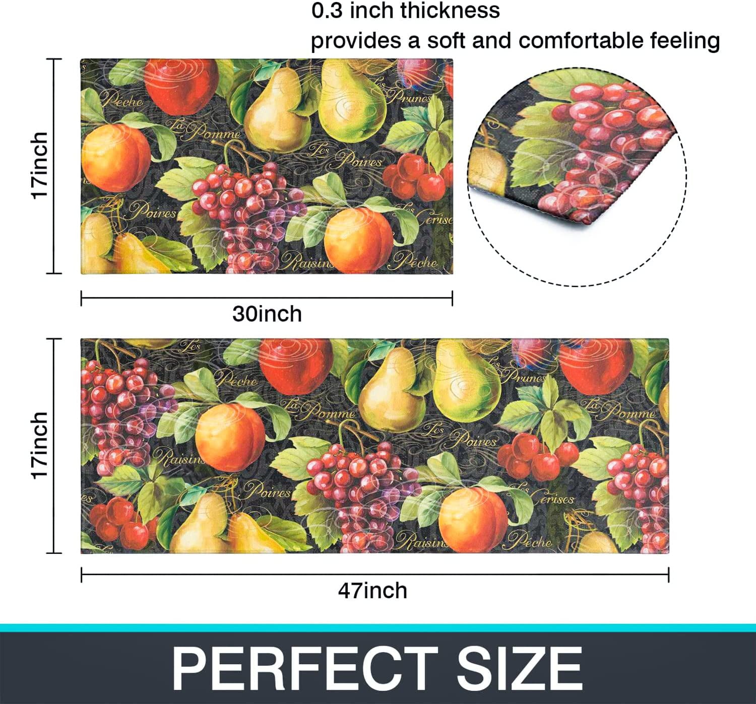 Fall Fruit Kitchen Rugs Set 2 Piece Vintage Black Farmhouse Decorative Rug Runner for Kitchen Low-Profile Floor Mats Decorations for Home Kitchen (17"x48"+17"x30")