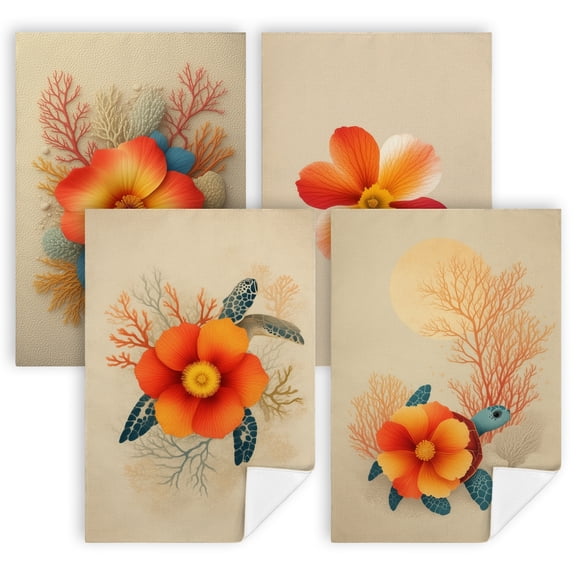 summer tea towels An orange and blue flower on a beige background kitchen hand towels Set of 4 16x24 Inch kitchen towel decorative set