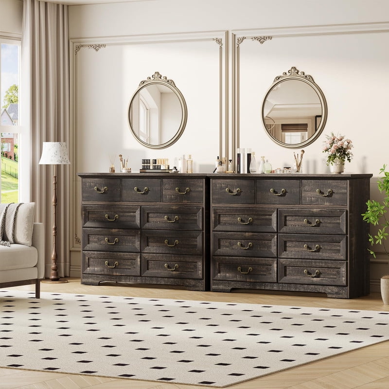 TROPOW Vintage 9 Drawer Dresser for Bedroom, 47" Wide Chest of Drawers with Natural Wood Texture, Wooden Storage Organizer for Closet, Living Room, Hallway,Gray