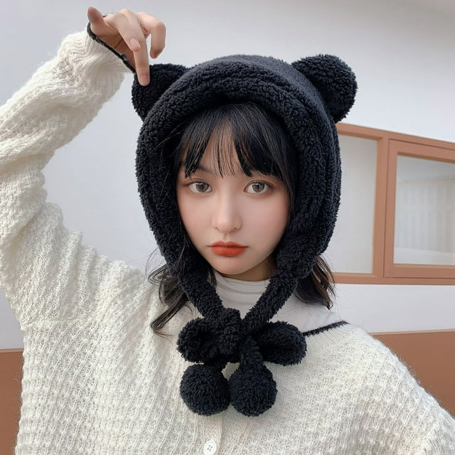 Women Winter Warm Windproof Hat Ski Riding Fleece Warmer Cute Cartoon Bear Ear Draw String Hat Adjustable Cap For Women Girl