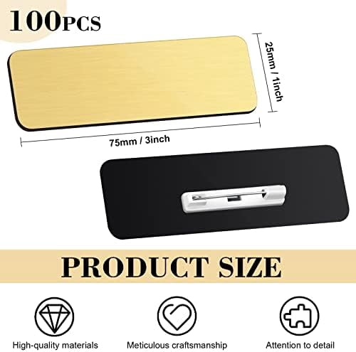 Quivanta 100 Pieces Name Tags with Pins 1 x 3 Inches Blank Name Tags Reusable ID Badge Holders with Clip for Office Workers Students Employee Custom(Gold)