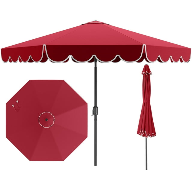 Costway Parasol de Patio 10 Pi avec Manivelle, Inclinaison Réglable, Volants, Toit Ventilé, 8 Baleines, Rouge