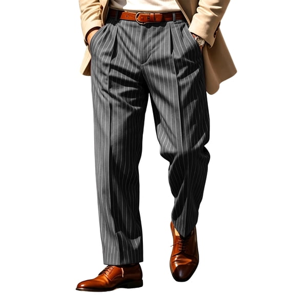 Men's Striped Pleated Dress Pants, Elastic Waist Button Closure Business Casual Trousers, Loose Straight‑Leg Soft Wrinkle‑Resistant Pants M