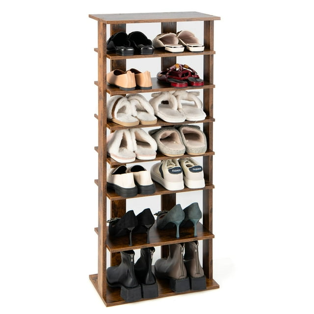 Giantex 7-Tier Wood Shoe Rack, Free Standing Vertical Shoe Racks w/Shelves of Different Heights, Rack Organizer, Brown