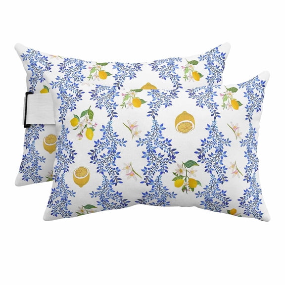 Outdoor Pillow for Chaise Lounge Chair Watercolor Farm Yellow Lemon Fruit Headrest Pillow with Adjustable Strap Set of 2,11x16 inch, Flower Blue Leaf on White Waterproof Head Pillows for Patio