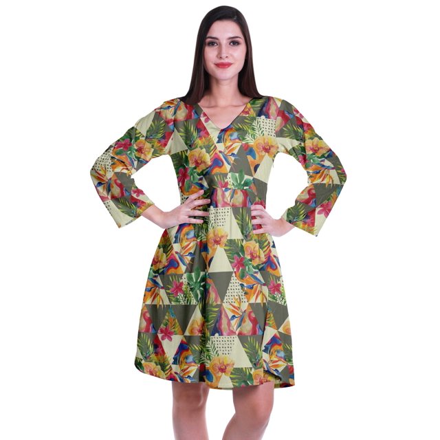 Moomaya Robe Courte Évasée Imprimée de Designer, Manches Longues, Tunique en Velours, Robes pour Femmes