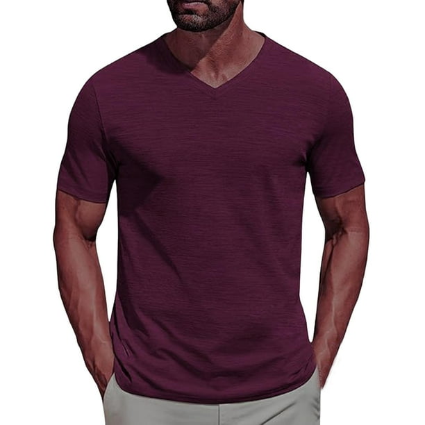 Pullover de Manga Corta para Hombres de Moda Casual Color Sólido V-Cuello Top Blusas, Poliéster Verano