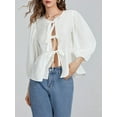 thumbnail image 6 of Raccmtaty Women Basic Tie Front Tops Casual Solid Color Loose 3/4 Sleeve Shirt Cardigan for Club Streetwear Aesthetic Clothes, 6 of 7