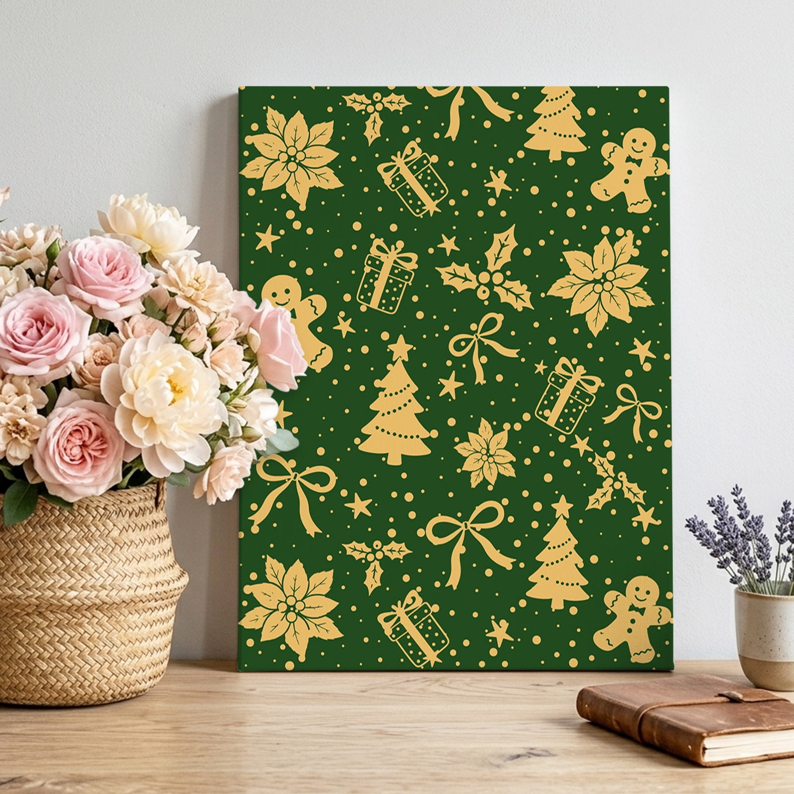 Christmas Canvas Wall Art Winterxmas Tree Man Gift Boxes Green Pictures Wall Decor Wooden Framed Artwork Art Prints for Living Room Hallway Bedroom Office 16 x20