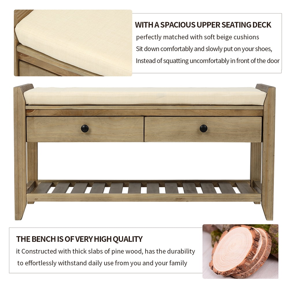 Kepooman Storage Bench, Shoe Bench for Entryway, Rustic Solid Wood Bench with Cushioned Seat and Drawers for Living Room, Wood Color Kepooman Storage Bench, Shoe Bench for Entryway, Rustic Solid Wood Bench with Cushioned Seat and Drawers for Living Room, Wood Color