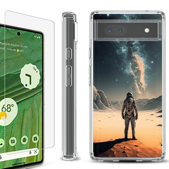 Shockproof Bumper Phone Case for Google Pixel 6a, with Tempered Glass Screen Protector, by OneToughShield ® - Astronaut Milkyway