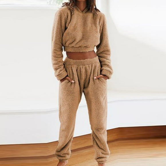 Women's Pajamas Pijama Set Womens Sleepwear Ladies' Winter Thick Fleece Hooded Pockets Elastic Home Clothes Casual Warm Sleepwear Nightgown Set