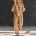 thumbnail image 2 of Linen Sets for Women 2 Piece Cotton 3/4 Sleeve Wrap Top And Wide Leg Pants Loose Fit Summer Outfit for Travel Beach, 2 of 5
