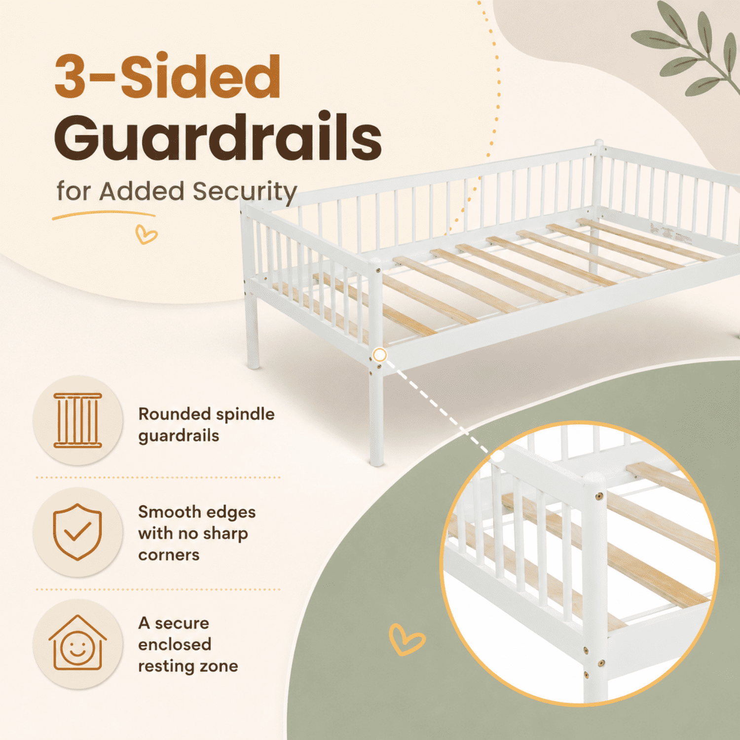 Miniyam Twin Wooden Daybed with Spindle Guardrails, Solid Pine Wood Bed Frame, White