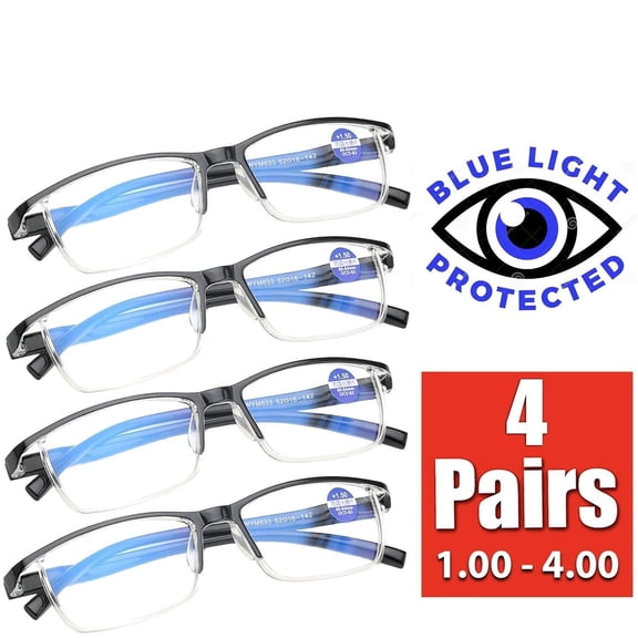 4-Pack Blue Light Filter Reading Glasses for Men & Women, HD Lenses with Spring Hinge, Unisex Rectangular Frame