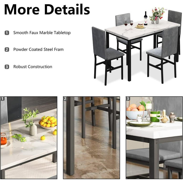 Recaceik 5 Piece Marble Dining Table Set with 4 Velvet Metal Frame