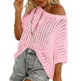 thumbnail image 4 of Womens Summer Scoop Neck Short Sleeve Sweater Casual Crochet Hollow Out Knit Tops Pullover Shirts Beach Coverup Pink M, 4 of 9