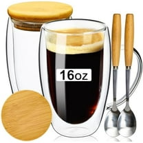 Double Wall Glass Coffee Mugs 16OZ with Bamboo Lid/Spoon, Glass Coffee Cups Set of 2 with Handle, Insulated Clear Coffee Mug, Perfect for Latte, Cappuccino, Espresso, Hot Beverage, Tea
